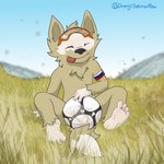 4_toes anthro armband ball barefoot black_nose curling_toes dipstick_tail feet foot_focus football_field fur hindpaw humanoid_feet male markings mascot mud nude paws plantigrade russia soccer soccer_ball soles solo sport spread_toes tail tail_markings tan_body tan_fur toes conditional_dnp orenjisalmonpaw fifa zabivaka canid canine canis mammal wolf 1:1 hi_res