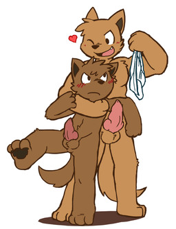 3_toes 4_fingers animal_genitalia animal_penis anthro balls barefoot blush briefs brown_body brown_fur bully bullying canine_genitalia canine_penis chokehold clothing duo erection feet fingers forced forced_exposure forced_undressing frown fur genitals headlock heart_symbol holding_clothing holding_object holding_underwear looking_at_another male male/male nude on_one_leg one_eye_closed open_mouth open_smile penis penis_size_difference simple_background smile standing tan_body tan_fur tighty_whities toes toony underwear undressing white_background white_briefs white_clothing white_underwear wink oob canid canine mammal
