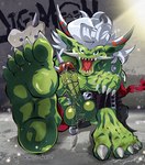 anthro balls barefoot bodily_fluids claws erection feet foot_focus genital_fluids genitals glans green_body hair horn humanoid_feet looking_at_viewer male penis plantigrade precum scar sharp_teeth soles solo teeth toe_claws tusks white_hair logan_sato bandai_namco digimon digimon_(species) ogremon 2024 absurd_res censored hi_res