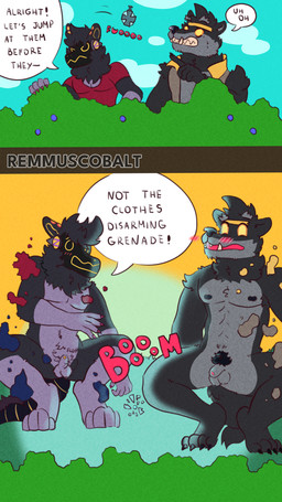 anthro duo embarrassed embarrassing_nudity exhibitionism foreskin genitals humiliation humor machine male male/male nude outside penis public text remmus_cobalt epic_games fortnite dire_(fortnite) canid canine canis hybrid mammal protogen wolf 4k 9:16 absurd_res english_text hi_res