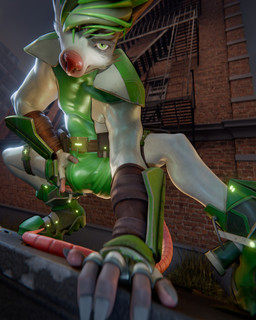 anthro biped bodysuit buckteeth bulge bulge_fondling clothed clothing fully_clothed fur genital_outline green_clothing grey_body grey_fur hair holding_bulge latex latex_bodysuit latex_clothing latex_skinsuit male male_anthro skinsuit superhero superhero_costume tail teeth tight_clothing drakk_art slipstream_(amprat) mammal murid murine rat rodent 3d_(artwork) 4:5 digital_media_(artwork) hi_res