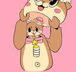 :3 anthro blush blush_stickers bow_ribbon clothing costume female fursuit hat headgear headwear infinite_layers mascot_costume navel open_mouth open_smile pink_background pink_clothing pink_hat pink_headwear simple_background smile solo star_symbol suit hollow_ice chiitan mammal rodent sciurid tree_squirrel hi_res