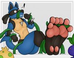 3_toes ambiguous_gender anthro barefoot bdsm blush bondage bound canid countershade_feet countershading exclamation_point feet foot_fetish foot_focus generation_1_pokemon generation_3_pokemon generation_4_pokemon group heel_pad lucario male mammal muzzle_(object) nintendo nude oddish pawpads plant plantigrade pokemon pokemon_(species) restrained restraints rope sebafox shroomish size_difference soles submissive submissive_male tickle_torture tickling toe_restraints toes toes_tied vines