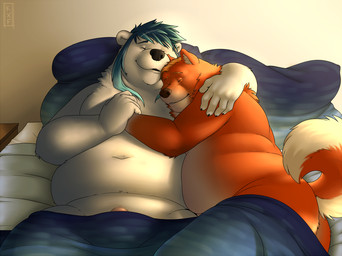 anthro bed casual_exposure countershade_face countershade_tail countershade_torso countershading curled_tail duo eyes_closed furniture genitals hug hugging_another inside lying male male/male male_anthro on_back on_side overweight overweight_anthro overweight_male penis pillow smile tail under_covers kronexfire mythology krone_(kronexfire) bear canid canine canis domestic_dog dragon hybrid mammal mythological_creature mythological_scalie scalie 2019