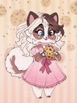 anthro blue_eyes brown_body brown_eyes brown_fur brown_hair cheek_tuft clothed clothing cookie dress facial_tuft female food fur hair heterochromia holding_cookie holding_food holding_object open_mouth open_smile pink_clothing pink_dress smile solo standing tuft white_body white_fur white_hair tiggybloom cookie_(kitsune98) canid canine canis domestic_dog mammal 2019 dated full-length_portrait hi_res portrait