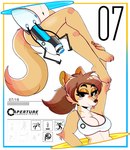 anthro aperture_logo blep bottomless bra bra_only breasts brown_hair clothed clothing eyeshadow female hair makeup portal portal_gun solo text tongue tongue_out underwear underwear_only yellow_eyeshadow wireless_shiba portal_(series) valve canid canine mammal absurd_res english_text hi_res