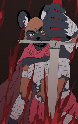 anthro bandage blood bodily_fluids cape clothing female melee_weapon solo sword weapon jowoc_art sang:_the_desert_blade sang_(sang:_the_desert_blade) african_wild_dog canid canine mammal