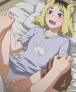 animal_ears blonde_hair blush blush_lines bodily_fluids bottomwear bottomwear_around_one_leg bottomwear_down breasts brown_eyes brown_hair clothing clothing_around_one_leg clothing_aside duo eyelashes female female_humanoid footprint genital_fluids hair hand_holding high-angle_view human_on_humanoid inner_ear_fluff interspecies lying male male/female male_human medium_breasts messy_hair multicolored_hair on_back open_mouth panties panties_aside pawprint penetration penile penile_penetration penis_in_vagina print_clothing print_shirt print_t-shirt print_topwear shirt shorts shorts_around_one_leg t-shirt topwear tuft two_tone_hair underwear underwear_aside vaginal vaginal_fluids vaginal_penetration tomu chainsmoker_cat yakuko_etsushimaru animal_humanoid felid felid_humanoid feline feline_humanoid human humanoid mammal mammal_humanoid 2024 censored digital_drawing_(artwork) digital_media_(artwork)