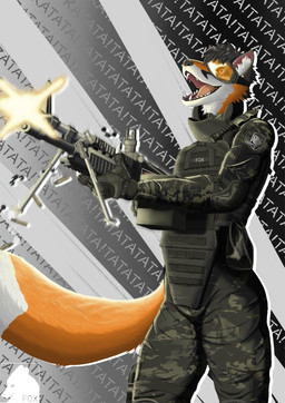 anthro black_hair camouflaged ear_piercing fox_tail fur gun hair happy holding_gun holding_object holding_ranged_weapon holding_weapon m60e4 machine_gun male patch_(fabric) piercing ranged_weapon red_body red_fur shell_casings shooting solo tactical_gear tactical_gloves tactical_goggles toothy_smile weapon yellow_eyes foxolex konami metal_gear canid canine fox mammal absurd_res hi_res