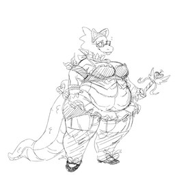 anthro armband belly big_belly big_breasts big_tail biped bottomwear bow_ribbon bow_shoes bow_tie bracelet breasts buckteeth cleavage clothed clothing cosplay dancewear eyewear fake_cat_ears fake_ears female footwear frilly frilly_bottomwear frilly_clothing frilly_skirt garter_straps glasses holding_object holding_wand jewelry legwear looking_at_viewer magical_girl_outfit magical_girl_wand mary_janes nerd obese obese_anthro obese_female overweight overweight_anthro overweight_female pupils rectangular_glasses scales shoes simple_background skirt slit_pupils socks solo spats standing tail teeth thick_thighs thigh_highs thigh_socks three-quarter_view tutu ventral_scales wand wearing_glasses white_background wide_hips grindaviking undertale_(series) alphys lizard reptile scalie 1:1 2018 black_and_white digital_media_(artwork) full-length_portrait monochrome portrait sketch
