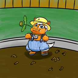 ambiguous_feral ambiguous_gender black_hooves clothed clothed_feral clothing collar dandelion denim denim_clothing denim_overalls dirt feral flower fur grass hair hat headgear headwear hooves looking_at_viewer mouth_closed mouth_hold on_hind_legs orange_body orange_fur outside overalls plant solo sun_hat tail teal_eyes white_hair white_tail young young_ambiguous young_feral qwertytf fluffy_pony fluffy_pony_(species) mammal 1:1 2025 digital_media_(artwork) hi_res shaded