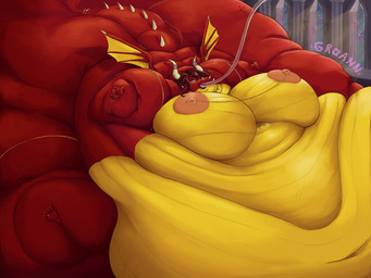 4_toes 5_fingers accessory anthro arm_jewelry belly big_belly big_breasts blue_eyes bracelet breasts brown_eyebrows brown_hair claws deep_navel digit_ring eyebrows feeding_tube feet female finger_ring fingers furgonomics hair horn huge_belly huge_breasts hyper hyper_belly immobile inside jewelry leg_jewelry medical_instrument morbidly_obese morbidly_obese_anthro morbidly_obese_female multicolored_body navel necklace nipple_piercing nipples non-mammal_nipples obese obese_anthro obese_female overweight overweight_anthro overweight_female piercing pink_nipples red_body red_tail ring ring_(jewelry) scientific_instrument sitting solo spiked_tail spikes spikes_(anatomy) tail tail_accessory tail_jewelry tail_ring toe_ring toes white_claws white_horn wings yellow_wings inksplot mythology dragon mythological_creature mythological_scalie scalie 4:3 shaded