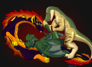 anal anal_penetration anthro erection fellatio genitals group group_sex horn leash leash_pull male male/male male_penetrated male_penetrating male_penetrating_male nude oral penetration penile penis pool_toy sex simple_background smile tail threesome trio wings sheena_ink mythology dinosaur dragon mythological_creature mythological_scalie prehistoric_species reptile scalie absurd_res digital_media_(artwork) hi_res