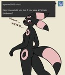 anthro biped blush breasts butt crossgender dark_body female female_anthro mtf_crossgender nipples nude nude_anthro nude_female simple_background solo tail tumblr_ask vipy nintendo pokemon tumblr brreo eeveelution generation_2_pokemon pokemon_(species) umbreon absurd_res hi_res