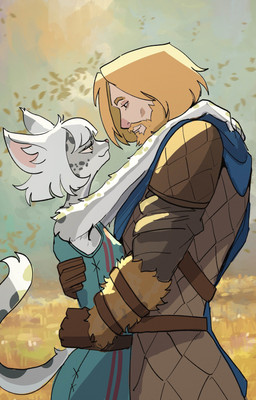anthro clothed clothed_anthro clothed_female clothed_human clothed_male clothing duo female female_anthro female_on_human hug human_on_anthro interspecies larger_human larger_male looking_at_another male male/female male_human male_on_anthro outside size_difference smaller_anthro smaller_female basedbinkie bethesda_game_studios microsoft skyrim the_elder_scrolls felid human khajiit mammal 2026 absurd_res english_description hi_res