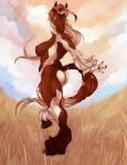 anthro areola breasts brown_body brown_fur brown_nipples butt cloud day feathering female flower fur grass hair hooves long_hair nipples nude outside plant pose side_boob sky solo text white_body white_fur white_hair keedot xetsa equid equine horse mammal 2016 english_text watermark