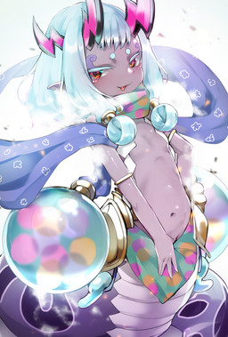 apode armlet bangs bare_shoulders beads blue_hair blush clothed clothing eyeliner female hair hand_on_crotch horn humanoid_pointy_ears jewelry legless loli looking_at_viewer magatama makeup monster_girl_(genre) navel partially_clothed pointy_ears purple_body purple_scales purple_skin red_eyes sash scales scarf serpentine short_hair sidelocks simple_background smile solo split_form tongue tongue_out white_background young dai_yasude asian_mythology east_asian_mythology fate_(series) japanese_mythology mythology type-moon saber_ibuki-douji animal_humanoid demon draconcopode humanoid lamia oni reptile scalie snake yokai digital_media_(artwork)