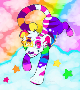 4_toes ambiguous_feral ambiguous_gender blue_body blue_clouds blue_fur closed_smile cloud dipstick_ears dipstick_tail ear_markings eyelashes feet feral fur green_body green_fur hair inner_ear_fluff jumping long_tail markings mouth_closed multicolored_body multicolored_ears multicolored_fur multicolored_tail notched_ear outline pink_ear_tips pink_eyes pink_inner_ear pupils purple_stripes quadruped short_hair smile solo sparklefur sparkles star star_pupils striped_body striped_fur striped_markings striped_tail stripes tail tail_markings text toes tuft whisker_spots white_body white_fur white_hair white_inner_ear_fluff white_outline white_pupils year yellow_eyes yellow_inner_ear yellow_tail_tip cyberdaydream neopets fan_character konpeito_(cyberdaydream) kougra neopet_(species) 2019 artist_name colored dated digital_drawing_(artwork) digital_media_(artwork) full-length_portrait portrait shaded simple_shading female_(lore)