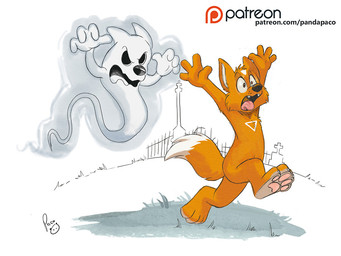 anthro dipstick_tail duo fangs featureless_crotch fur logo male male_anthro markings nude open_mouth orange_body orange_eyes orange_fur orange_tail patreon_logo pawpads pink_pawpads pink_tongue running scared tail tail_markings teeth text tongue tongue_out white_markings white_tail pandapaco patreon canid canine ghost mammal spirit 4:3 artist_logo signature url