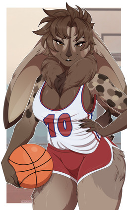 anthro athletic_wear basketball big_breasts big_ears black_lips border bottomwear breasts brown_body brown_eyes brown_fur brown_hair claws cleavage clothed clothing eyelashes female finger_claws fluffy fur gym_bottomwear gym_shorts hair hand_on_hip holding_basketball holding_object jersey lips looking_at_viewer markings neck_tuft pose shirt shorts side_boob solo spots spotted_body spotted_fur standing tail teeth topwear tuft white_border wide_hips chaiteakitten lagomorph leporid mammal rabbit 2026 absurd_res hi_res pinup portrait three-quarter_portrait