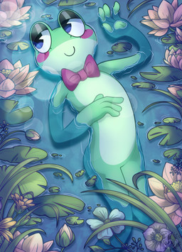 ambiguous_gender anthro blue_eyes blush bow_tie bow_tie_only countershade_torso countershading eyelashes face_blush featureless_chest featureless_crotch flower glistening_eyelids green_body lily_(flower) lily_pad mostly_nude naturally_unclothed partially_submerged plant smile solo water zurusle glitch_productions the_amazing_digital_circus ribbit_(tadc) amphibian frog hi_res