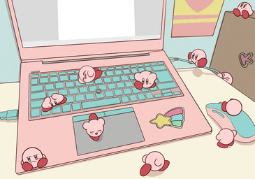 ambiguous_gender biped blue_eyes cable computer computer_mouse desk electronics eyes_closed furniture inside laptop lying not_furry on_side pink_body running sitting solo table misdoailovez kirby_(series) nintendo kirby waddling_head 2020 hi_res
