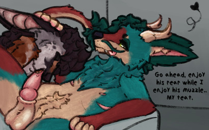 animal_genitalia anthro arm_support bedroom_eyes black_hair blep bodily_fluids body_hair chin_tuft cocky curled_tail dialogue drooling duo facial_tuft fangs fellatio genitals green_hair hair happy_trail heart_symbol horn knot knotted_penis leaning leaning_backward leaning_on_elbow male male/male mastectomy_scar narrowed_eyes neck_tuft nipples oral penile penis pink_nipples pink_penis saliva scar seductive sex sheath spread_legs spreading tail talking_to_viewer teeth text tongue tongue_out tuft whiskers muskysaber mythology canid canine canis coyote dragon eastern_dragon hybrid mammal mythological_creature mythological_scalie scalie toskal english_text