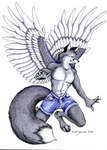 anthro back_wings black_nose blue_bottomwear blue_clothing blue_shorts bottomwear clothed clothing cutoffs denim denim_bottomwear denim_clothing digitigrade feathered_wings feathers fur grey_body grey_fur hindpaw humanoid_hands kneeling male nipples paws pecs shorts shorts_only simple_background snout solo topless white_background white_body white_feathers white_fur white_inner_ear wings yellow_eyes xianjaguar canid canine fox mammal 2000 full-length_portrait portrait shaded signature traditional_media_(artwork)