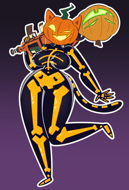 anthro big_breasts breasts female food for_a_head fruit gun looking_at_viewer one_eye_closed open_mouth open_smile plant pumpkin pumpkin_head ranged_weapon smile solo thick_thighs weapon wide_hips wink wisperzzz epic_games fortnite patreon spice_(fortnite) domestic_cat felid feline felis mammal object_head 2025 absurd_res hi_res