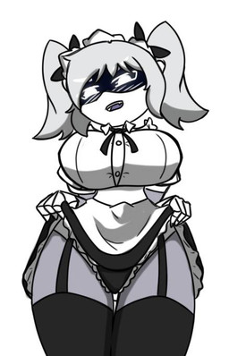 anthro big_breasts blush breasts clothed clothing female machine maid_uniform not_furry panties panties_down panties_only partially_clothed pose presenting simple_background solo topless underwear underwear_down underwear_only uniform white_background pace-maker glitch_productions murder_drones j_(murder_drones) robot robot_anthro greyscale monochrome pinup