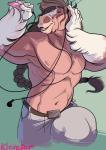 abs anthro belt biceps big_muscles bottomwear brown_body brown_fur clothing dancing earbuds electronics fur hair headphones long_hair male muscular muscular_anthro muscular_male music pants pecs ponytail portable_music_player solo white_body white_fur kleinebar apple_inc. ipod alex_(thorsoneyja) equid equine horse mammal absurd_res hi_res