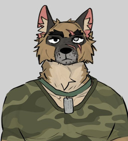anthro black_body black_ears black_eyebrows black_eyes black_fur black_nose black_text blind_eye brown_body brown_fur cheek_tuft clothed clothed_anthro clothed_male clothing collar dark_body dark_fur dog_tags eye_scar eyebrows facial_scar facial_tuft front_view fur fur_tuft green_clothing green_collar green_shirt green_t-shirt green_topwear grey_background grey_body grey_fur head_tuft inner_ear_fluff iris light_body light_fur looking_at_viewer male mature_anthro mature_male monotone_background mouth_closed multicolored_body multicolored_fur neck_tuft no_pupils notched_ear pattern_clothing pattern_shirt pattern_t-shirt pattern_topwear pink_inner_ear pink_scar pointy_ears prick_ears scar shirt short_sleeves simple_background snout solo t-shirt text thick_eyebrows thick_neck topwear tuft whisker_spots white_body white_fur white_inner_ear_fluff white_sclera farmutts pixie_and_brutus brutus_(pixie_and_brutus) canid canine canis domestic_dog german_shepherd herding_dog mammal pastoral_dog 2026 character_name digital_drawing_(artwork) digital_media_(artwork) half-length_portrait portrait