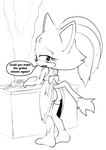 anthro appliance barefoot bottomwear butt clothing coat cooking cookware dialogue feet female first_person_view food frying_pan glistening glistening_eyes hair kitchen_utensils looking_back ponytail ribbons shorts smoke solo speech_bubble stove tail text tools topwear apsel_bluestar sega sonic_the_hedgehog_(series) blaze_the_cat domestic_cat felid feline felis mammal 2024 english_text hi_res line_art monochrome