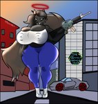 anthro big_breasts black_body black_fur black_hair blouse blue_bottomwear blue_clothing blue_eyes blue_pants bottomwear breasts building car carbine city clothing female footwear fur grin gun hair halo huge_breasts pants pentagon_(shape) ranged_weapon red_halo road shoes smile solo sunset teeth teeth_showing thick_thighs topwear vehicle weapon white_blouse white_clothing white_footwear white_shoes wide_grin wide_hips miroughneck_(porto) helluva_boss mythology fan_character canid canid_demon canine demon hellhound humanoid mammal mythological_canine mythological_creature absurd_res hi_res