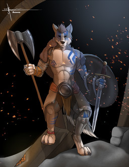 anthro axe double_bitted_axe fire greataxe hair male medieval melee_weapon muscular muscular_anthro muscular_male shield solo sword viking weapon aennor canid canine canis domestic_dog husky mammal nordic_sled_dog spitz