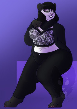 anthro barefoot belly biped black_body black_bottomwear black_clothing black_ears black_eyewear black_fur black_glasses black_hair black_jacket black_pants black_topwear bottomwear breasts cleavage clothed clothed_anthro clothed_female clothing eyewear feet female female_anthro fur glasses hair jacket midriff pants purple_eyes round_glasses slightly_chubby slightly_chubby_anthro slightly_chubby_female smile solo thick_thighs topwear white_body white_fur strawberrymilkdog jun_(junthepanda) bear giant_panda mammal 2021 colored hi_res shaded watermark