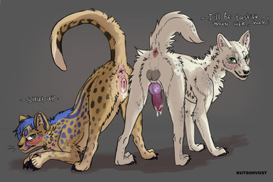 animal_genitalia animal_penis animal_vulva anus balls blue_markings blush bodily_fluids butt canine_genitalia canine_penis claws dripping duo embarrassed erection feline_genitalia feline_vulva feral fur genital_fluids genitals green_eyes in_heat intersex inviting knot knotted_penis looking_at_viewer male markings penis pink_vulva precum precum_drip presenting presenting_anus presenting_balls presenting_hindquarters presenting_penis presenting_vulva raised_tail spots spotted_body spotted_fur tail tail_anus take_your_pick vaginal_fluids vulva white_body white_fur yellow_body yellow_fur kutsiihvost bluebonnet canid canine canis cheetah coyote felid feline mammal absurd_res hi_res