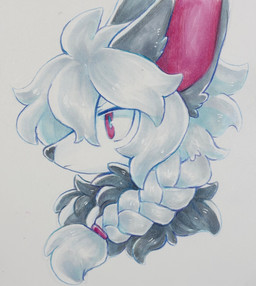 ambiguous_gender anthro black_nose braided_hair fur hair neck_tuft red_eyes simple_background solo tuft white_body white_fur white_hair mochiri canid canine fox mammal 2026 cel_shading headshot_portrait hi_res portrait shaded traditional_media_(artwork)