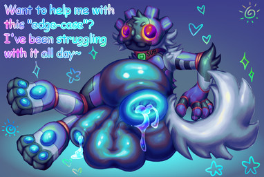 anal_fluids anal_juice_drip anthro anus backsack balls big_anus big_balls big_butt big_penis big_teeth blue_anus blue_glans blue_pawpads bodily_fluids butt collar fluffy fluffy_tail foreskin genital_fluids genitals glans glistening glistening_body glistening_butt glistening_eyes glistening_genitalia glistening_penis glistening_skin humor leaking leaking_anus leaking_precum looking_at_viewer looking_back machine male orange_eyes pawpads penis precum puffy_anus pun robotic solo tail text thick_thighs wide_hips curious_boi godot_(game_engine) godot_(robot) domestic_cat felid feline felis humanoid hybrid mammal robot robot_anthro robot_humanoid english_text