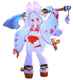 accessory anklet anthro bell bottomwear bow_ribbon clothing crop_top ear_piercing ear_ring female footwear hair hair_accessory hand_on_hip hip_tilt hood jewelry jingle_bell legband melee_weapon piercing pink_body pink_hair raised_arm red_eyes ring_piercing sandals shirt shoes shorts sleeves solo sword thighband topwear weapon wide_sleeves young utterangle mihoyo zenless_zone_zero zhao_(zenless_zone_zero) lagomorph leporid mammal rabbit