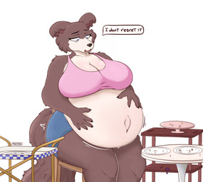 anthro belly belly_inflation big_belly big_breasts big_butt big_female breast_squish breasts brown_body butt clothed clothing eating eating_food female hand_on_belly inflation lying navel obese on_front overweight sitting solo speech_bubble squish text thigh_squish mestysa beastars juno_(beastars) canid canine canis mammal wolf 2026 absurd_res hi_res