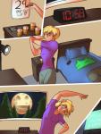 anthro bed blonde_hair blue_eyes clock clothing comic desk furniture hair hi_res human lamp male mammal moon night plant short_hair smile solo stretching table text thebigbadwolf01 transformation tree were window