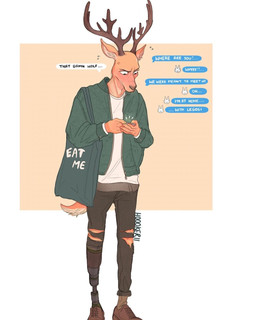 amputee anthro antlers blush bottomwear brown_body brown_fur cellphone clothing cross-popping_vein dialogue disability electronics ellipsis footwear fur holding_cellphone holding_object holding_phone horn jacket male pants phone prosthetic prosthetic_leg prosthetic_limb shirt shoes simple_background solo speech_bubble text topwear vein hoookerii beastars louis_(beastars) cervine deer mammal red_deer 2020 4:5 english_text hi_res