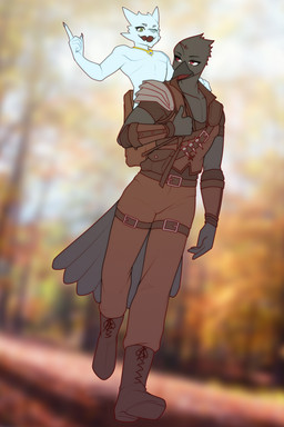 anthro bag clothed clothing duo male outside standing walking nariikhan avian bird kobold scalie hi_res