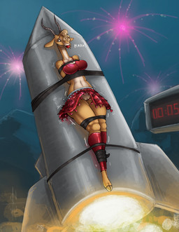 anthro ball_gag bottomwear bound clothed clothing female fireworks gag gagged genitals imminent_death no_underwear peril rocket rope skirt solo vulva spiritalpha disney zootopia gazelle_(zootopia) antelope bovid gazelle mammal hi_res