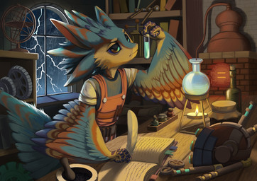 3_fingers 4_ears alchemist alchemy alternate_species anthro blue_body blue_feathers blue_tail blue_wings book bookshelf bottle brown_body brown_feathers candle claws clothed clothed_anthro clothed_male clothing container cozy dim_lighting electricity feather_hair feathered_wings feathers finger_claws fingers fire flask fully_clothed fully_clothed_anthro fully_clothed_male furnace furniture gear grey_claws grey_scutes inside laboratory laboratory_equipment laboratory_glassware leaning_on_table lightning lightning_bolt loose_feather male mortar_and_pestle multi_ear open_book orange_clothing orange_overalls overalls pseudo_hair quill science scientific_experiment scientific_instrument scientist scuted_hands scutes shelf shirt solo storm table tail test_tube topwear white_clothing white_shirt white_topwear winged_arms wings wood wood_furniture wood_table working workshop writing_in_book yellow_body yellow_feathers lonely_homestead vintage_story petrenko avali avian absurd_res hi_res male_(lore)