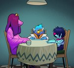 alternate_form ambiguous_gender chair clothed clothing container cup detailed_background female furniture group hair heart_symbol inside lamp male on_chair parody sitting table trio angusburgers deltarune don't_hug_me_i'm_scared kris_where_are_we undertale_(series) berdly duck_guy_(dhmis) kris_(deltarune) red_guy_(dhmis) susie_(deltarune) yellow_guy_(dhmis) avian bird human mammal scalie crossover hi_res meme