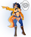 absurd_res anthro boots breastless_clothing breasts canid canine carmelita_fox clothed clothing crotchless_clothing english_text female footwear fox genitals hi_res impractical_clothing ineffective_clothing jacket jaynatorburudragon mammal nipples pussy skimpy sly_cooper_(series) solo sony_corporation sony_interactive_entertainment sucker_punch_productions text topwear