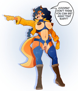 anthro boots breastless_clothing breasts clothed clothing crotchless_clothing female footwear genitals impractical_clothing ineffective_clothing jacket nipples shoes skimpy solo text topwear vulva conditional_dnp jaynatorburudragon sly_cooper_(series) sony_corporation sony_interactive_entertainment sucker_punch_productions carmelita_fox canid canine fox mammal absurd_res english_text hi_res