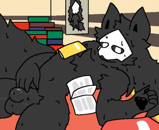 animal_genitalia anthro aroused black_body black_fur bodily_fluids book fully_sheathed fur genitals latex liquid_latex lying male on_back penis sheath solo sweat sweaty_body tired touching_penis fallonheels changed_(video_game) puro_(changed) canid canine canis mammal wolf book_cover cover hi_res